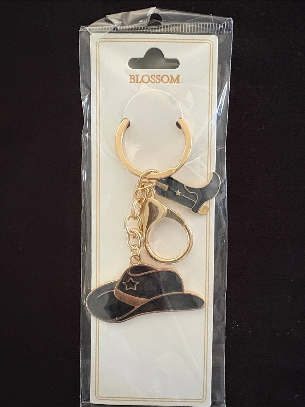 Gold Cowboy Hat and Boot Bag Charm Keychain with Black Enamel Accent